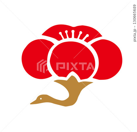 レトロな手描きの梅鶴の和風イラスト素材|正月,縁起物,年賀状 レトロな手描きの梅鶴の和風イラスト素材|正月,縁起物,年賀状 130665689