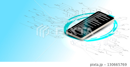 A smartphone is displayed prominently on a blue gradient background, with intricate digital circuit patterns radiating outward, symbolizing advanced technology and connectivity. A smartphone is displayed prominently on a blue gradient background, with intricate digital circuit patterns radiating outward, symbolizing advanced technology and connectivity. 130665769