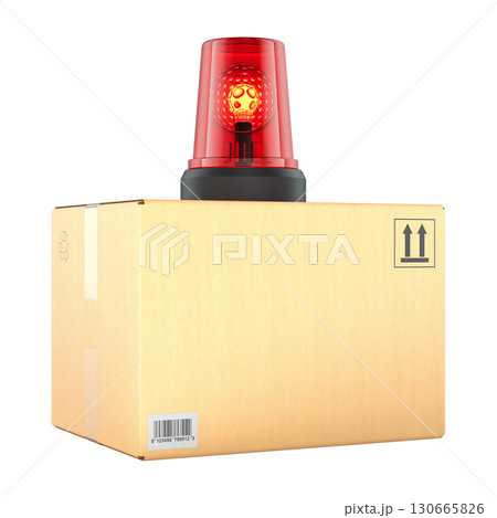 Urgent delivery package, concept. Parcel with red warning siren light. 3D rendering 130665826