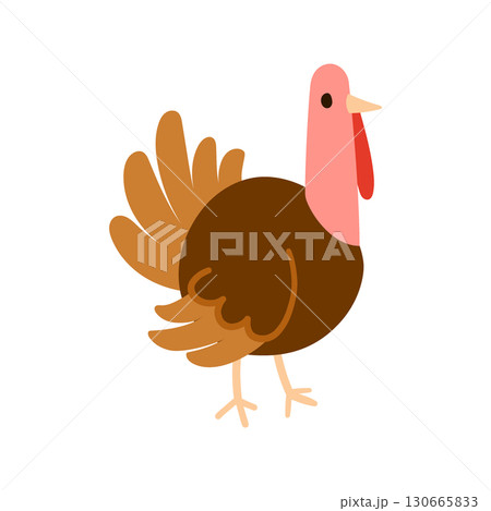 Simple flat turkey bird with fan tail and hanging wattle, standing in profile and isolated on white. Ideal for farm, poultry, holiday and kids themes 130665833