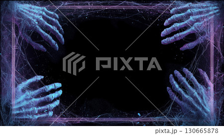 不気味な手が四方から伸びるグランジテクスチャのサイバーパンク・ホラーフレーム 130665878
