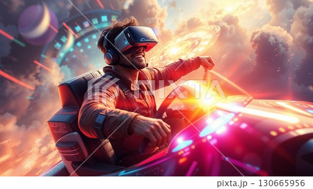 man in VR headset pilot futuristic vehicle in a virtual reality environment. AR attractions man in VR headset pilot futuristic vehicle in a virtual reality environment. AR attractions 130665956