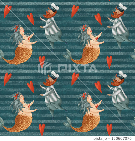 Cute seamless pattern with cartoon sailors and mermaids in love 130667076