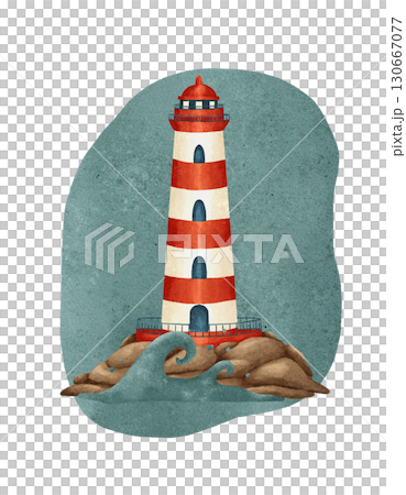 A Colorful Lighthouse Standing Tall on a Rocky Shoreline Surrounded by Dynamic Waves 130667077