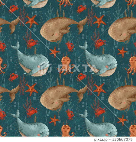 Whales, octopuses, starfish and crabs Pattern Featuring Underwater Creatures Ideal for Kids Design 130667079