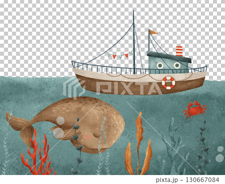 A Whimsical Underwater Scene Featuring a Boat and a Friendly Whale Swimming Nearby 130667084