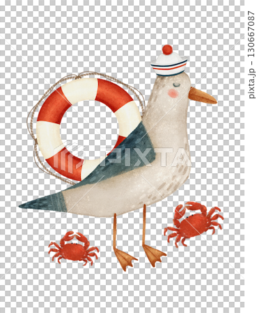 An exciting illustration depicting a seagull holding a lifebuoy along with crabs, perfect for kids An exciting illustration depicting a seagull holding a lifebuoy along with crabs, perfect for kids 130667087