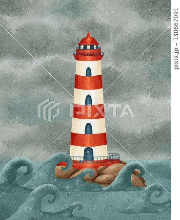 A Stunningly Vibrant Lighthouse Standing Tall Amid Stormy Waves in an Intricate Digital Artwork 130667091