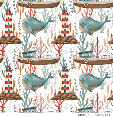 Pattern with cute blue whale, lighthouse, sea vessel and corals Pattern with cute blue whale, lighthouse, sea vessel and corals 130667143