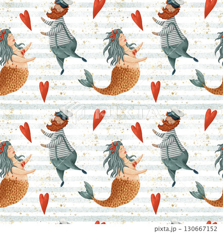 Cute seamless pattern with cartoon sailors and mermaids in love 130667152