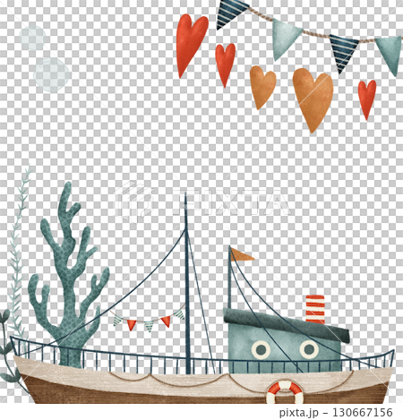 A charming illustration of a boat with heartshaped banners and coral decorations, evoking joy 130667156