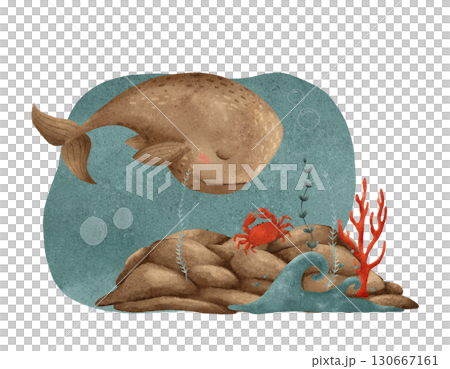 A whimsical underwater scene that beautifully features an endearing whale along with a crab 130667161