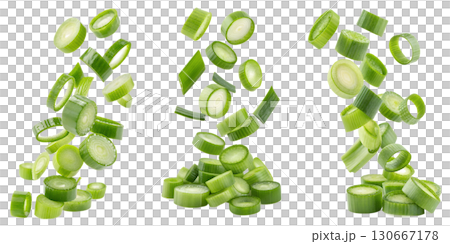 Freshly chopped green onions or scallions scattered on transparent background, cooking ingredient ready to use 130667178