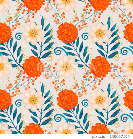 This floral pattern showcases marigolds and leaves, offering vibrant visual appeal for art This floral pattern showcases marigolds and leaves, offering vibrant visual appeal for art 130667190