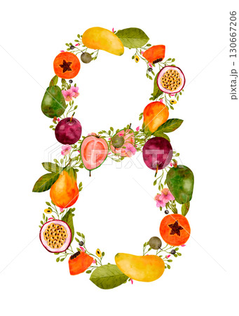 A Bright and Colorful Floral Number 8 Art Piece Featuring Various Fruits and Decor 130667206