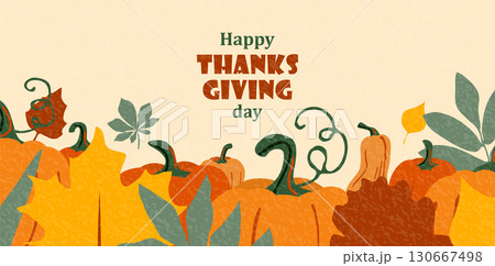 Thanksgiving vector background with autumn leaves and pumpkins. American holiday greeting colorful banner with textured effect. Modern flat warm thankful design for promotion, sale, discount graphic 130667498