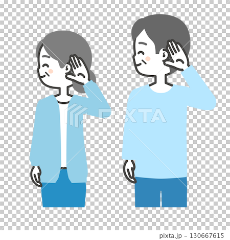 Illustration of an elderly man and woman smiling and listening Illustration of an elderly man and woman smiling and listening 130667615