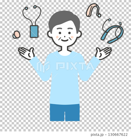 一位老人比較各種助聽器和聲音收集器的插圖 一位老人比較各種助聽器和聲音收集器的插圖 130667622