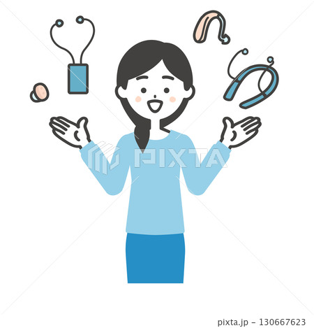 色々な補聴器や集音器を比較する若い女性イラスト 130667623