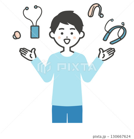 色々な補聴器や集音器を比較する若い男性イラスト 130667624