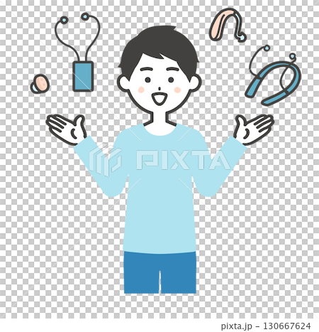Illustration of a young man comparing various hearing aids and sound amplifiers 130667624