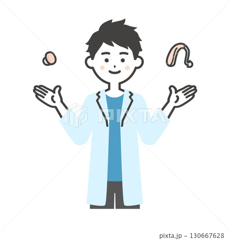 耳穴式と耳掛け式の補聴器を比較する白衣姿の男性イラスト 130667628