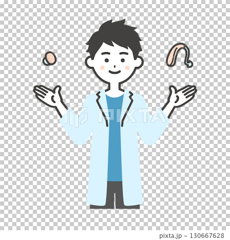 耳穴式と耳掛け式の補聴器を比較する白衣姿の男性イラスト 130667628