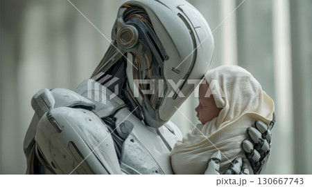 Futuristic android hugs baby wrapped in white cloth 130667743