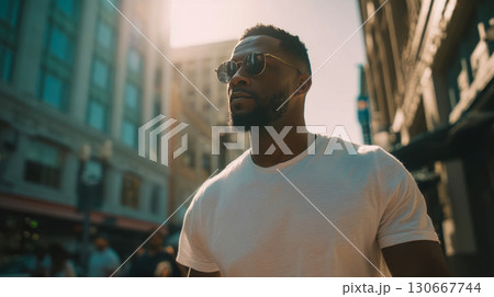 Confident black man in white t-shirt and sunglasses walking along city streets 130667744