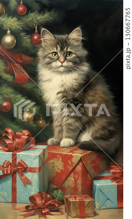 vintage card xmas christmas tree and cat, ai 130667765