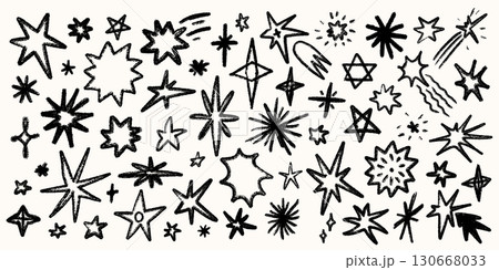 Chalk and rayon pencil Star set on light background brush pastel sketch. Chalk star elements with grain texture and pencil line. Perfect for posters, stickers, wallpaper, and fabric 130668033