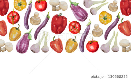 Watercolor vegetable template. Fall harvest illustration with tomatoes, eggplant, onion, garlic, mushrooms for farm market banner, menu 130668233