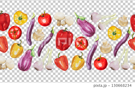 Watercolor vegetable seamless border. Fall harvest illustration with tomatoes, eggplant, onion, garlic, mushrooms for menu design, farm market banner 130668234
