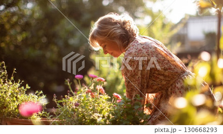 Mature Woman Gardening in a Sunlit Floral Backyard on a Bright Sunny Day 130668293