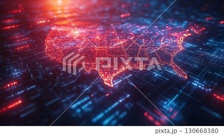 Digital United States map illuminated with network connections and data points, showcasing technological infrastructure against dark background 130668380