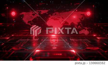Digital world map glowing red with circuit patterns, global cybersecurity threat concept for data protection and network defense 130668382