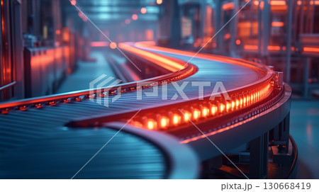 Illuminated curved conveyor belt with glowing red lights showcasing automated industrial technology in modern manufacturing facility Illuminated curved conveyor belt with glowing red lights showcasing automated industrial technology in modern manufacturing facility 130668419