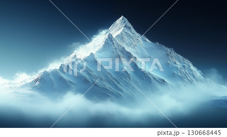 Mountain peak rising above clouds with snow covered summit, digital landscape illustration for adventure and exploration concepts 130668445