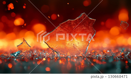 Shattered glass fragments glowing against fiery background, representing breaking barriers and transformation concept 130668471