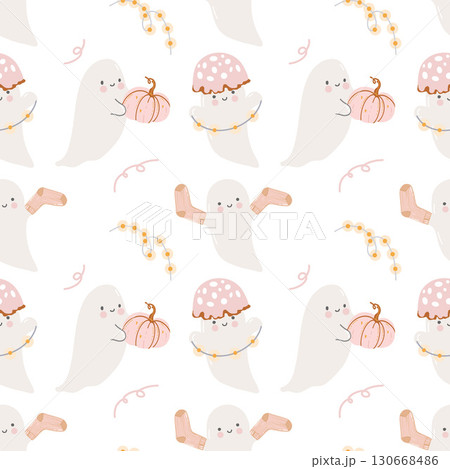 Halloween pattern of cute little ghosts. Seamless autumn pattern with hand drawn cute little ghosts on white background. Funny ghosts, pumpkins, garlands, socks in pink. Cute cozy background for 130668486