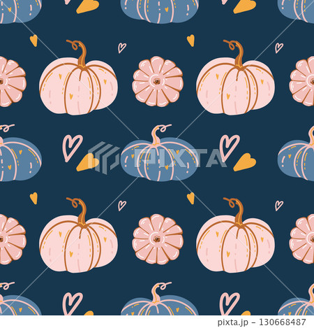 Seamless autumn pattern with hand drawn pink pumpkins and hearts on blue background. Cute cozy autumn background design. Decorative pumpkins. Pastel colors. Vector illustration. Halloween pattern 130668487