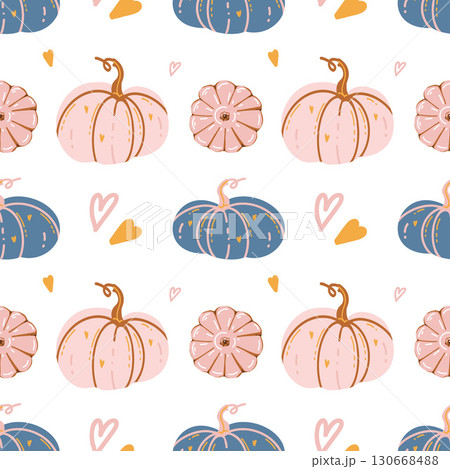 Seamless autumn pattern with hand drawn pink and blue pumpkins and hearts on white background. Cute cozy autumn background design. Decorative pumpkins. Pastel colors. Vector illustration. Halloween Seamless autumn pattern with hand drawn pink and blue pumpkins and hearts on white background. Cute cozy autumn background design. Decorative pumpkins. Pastel colors. Vector illustration. Halloween 130668488