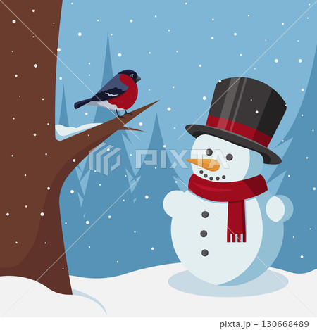 Cute Christmas illustration with snowman and bullfinch. Winter landscape with snowfall. Vector illustration in cartoon flat style. Cute Christmas illustration with snowman and bullfinch. Winter landscape with snowfall. Vector illustration in cartoon flat style. 130668489
