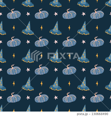 Seamless pattern with cute pumpkins, witch hats and stars on blue background. Mystical background. Magic attributes. Halloween pattern. Vector illustration. Seamless pattern with cute pumpkins, witch hats and stars on blue background. Mystical background. Magic attributes. Halloween pattern. Vector illustration. 130668490