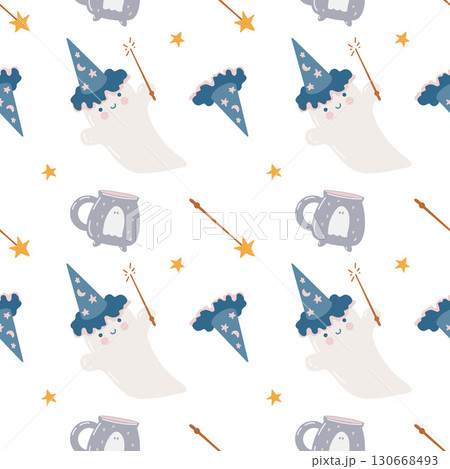 Halloween pattern of cute little ghosts. Seamless autumn pattern with hand drawn cute little ghost wizards on white background. Funny ghosts, wizard hats, witch cauldron, magic wand, stars. Cute cozy Halloween pattern of cute little ghosts. Seamless autumn pattern with hand drawn cute little ghost wizards on white background. Funny ghosts, wizard hats, witch cauldron, magic wand, stars. Cute cozy 130668493