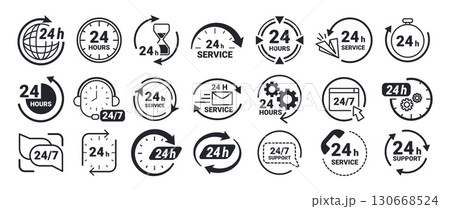 Twenty four hour icons. 24 7 service and support symbols, nonstop working time labels with clock, stopwatch, circular arrows and gear symbols. Availability hours vector set 130668524