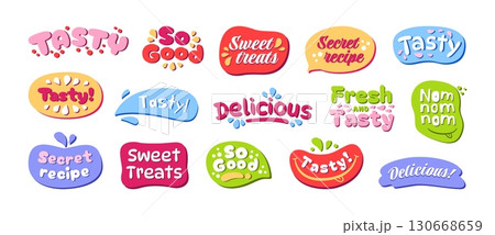 Tasty icons. Delicious label, secret recipe emblem, sweet treats sticker, nom nom lettering, so good sign, fresh and tasty badge designs for food promotion vector set Tasty icons. Delicious label, secret recipe emblem, sweet treats sticker, nom nom lettering, so good sign, fresh and tasty badge designs for food promotion vector set 130668659