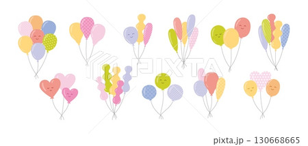Doodle balloons. Cute cartoon balloon bundles with smiling faces, hand drawn birthday celebration doodle elements for kids party, festive event and holiday design. Vector illustration set Doodle balloons. Cute cartoon balloon bundles with smiling faces, hand drawn birthday celebration doodle elements for kids party, festive event and holiday design. Vector illustration set 130668665