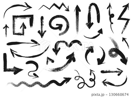 Brush stroke arrows. Hand drawn ink arrow shapes with grunge texture. Curved, wavy, spiral, turn and zigzag directional pointers, graffiti style textured vector set 130668674