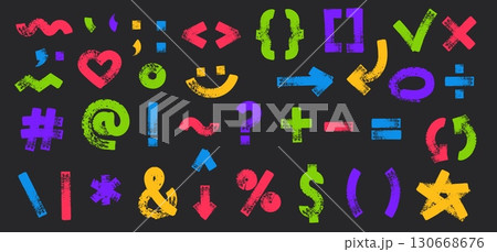 Hand drawn punctuation signs. Typography marks with grunge rough crayon texture, paint brush stroke painted characters and distressed doodle scribbled arrows vector set 130668676